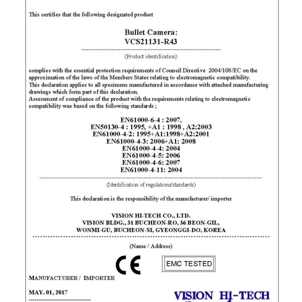 EC DECLARATION OF CONFORMITY_Bullet Camera